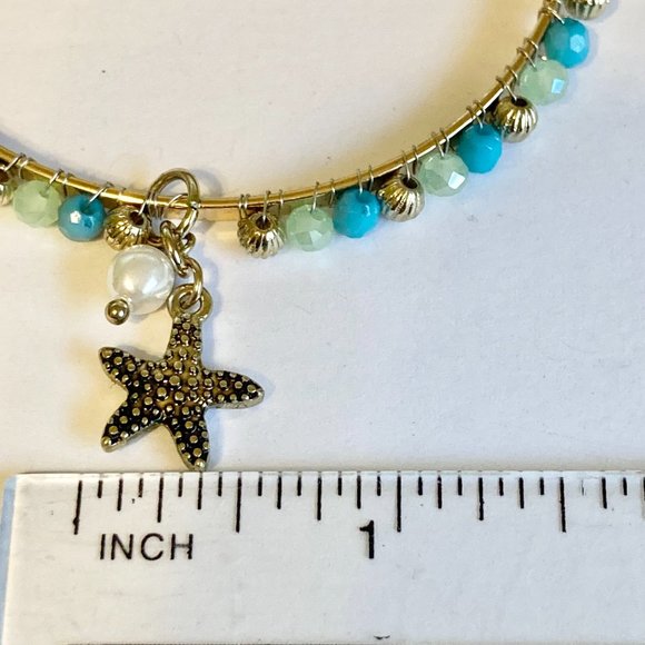 Aqua Bead Pearl Starfish Bangle Bracelet Gold Tone Plated Freshwater Sea Life - Picture 11 of 12